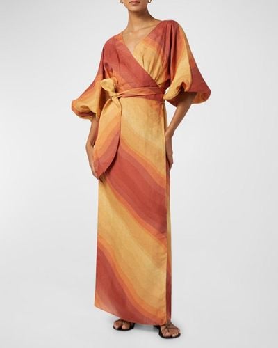 Cala De La Cruz Baudo Lantern-Sleeve Long Linen Wrap Dress - Orange
