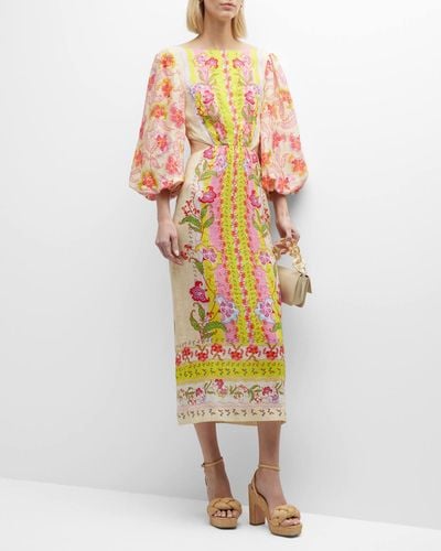 Saloni Neelam Puff-sleeve Cutout Floral Linen Midi Dress - Yellow