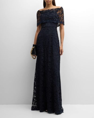 Lela Rose Deedie Floral Lace Off-the-shoulder Gown - Blue