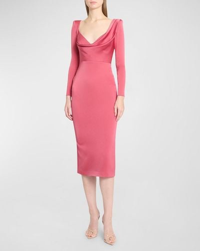 Alex Perry Cowl-Neck Strong-Shoulder Long-Sleeve Satin Crepe Midi Dress - Pink