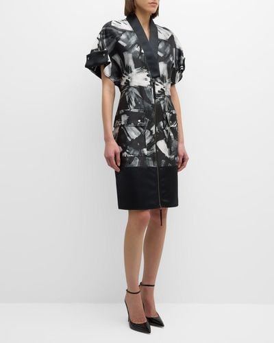 Bach Mai Abstract-Print Short-Sleeve Zip-Front Dress - Black