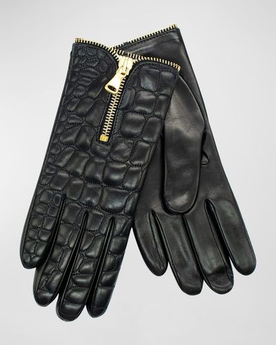 Portolano Croc-Embossed Nappa Leather & Cashmere Gloves - Gray