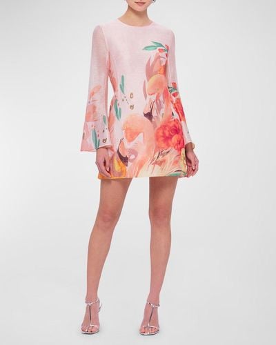 LEO LIN Suzanne Bell-Sleeve Floral-Print Mini Dress - Red