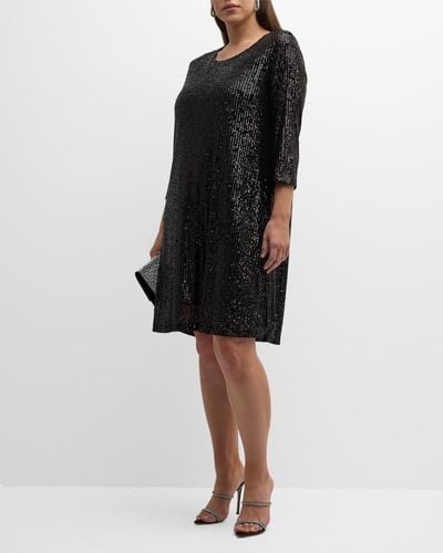 Caroline Rose Plus Plus Size Sequin 3/4-Sleeve A-Line Dress - Black