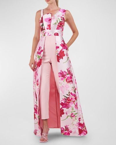 Kay Unger Fleur Asymmetric Floral-print Walk-thru Jumpsuit - Pink