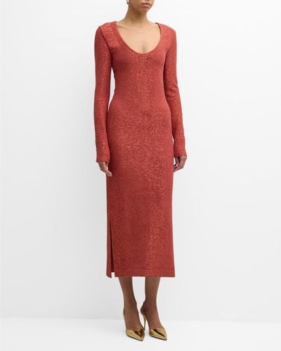 St. John Scoop-Neck Long-Sleeve Stretch Sequin Knit Midi Dress - Red