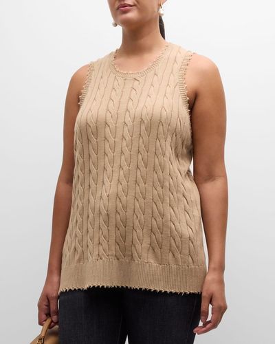 Minnie Rose Plus Size Frayed Cable-Knit Tank - Natural