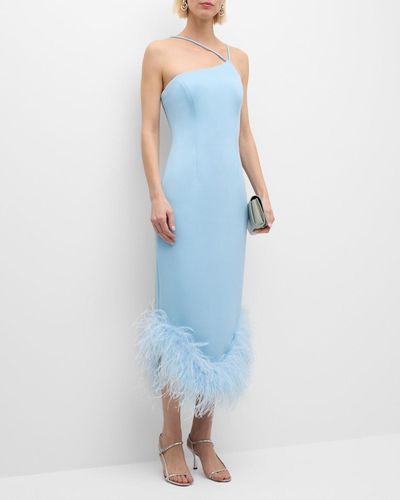 Jovani Sleeveless Asymmetric Feather-trim Midi Dress - Blue