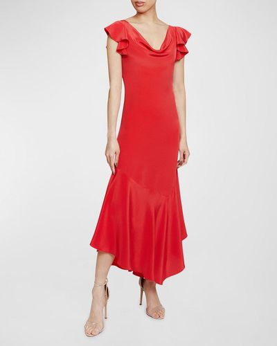 Santorelli Laurel High-Low Flutter-Sleeve Midi Dress - Red
