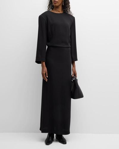 The Row Jery Strong-Shoulder Long-Sleeve Silk Maxi Dress - Black