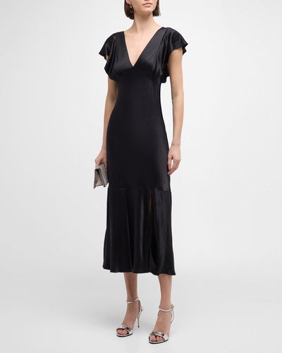 Rails Dina Flutter-Sleeve Satin Midi Dress - Black