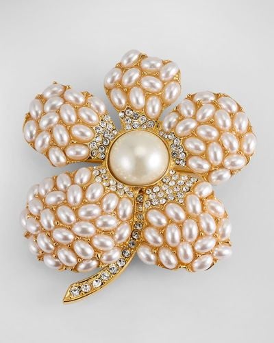 Kenneth Jay Lane Pearl And Crystal Flower Pin - Metallic