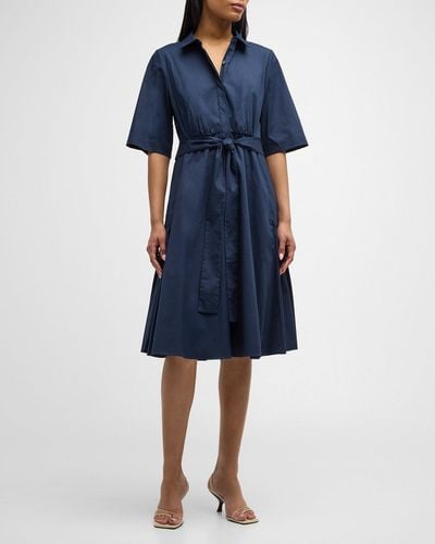 Kobi Halperin Tiffany Pleated Elbow-Sleeve Midi Shirtdress - Blue