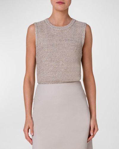 Akris Linen-Blend Knit Top With Sequins - Gray