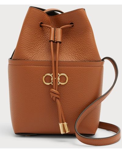 Ferragamo Gancini Mini Drawstring Leather Bucket Bag - Brown