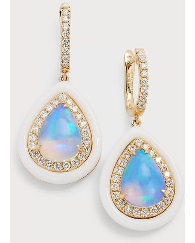 David Kord 18k Yellow Gold Earrings With Pear-shape Opal, Diamonds And White Frame, 3.07tcw - Blue