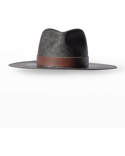 Janessa Leone Leni Straw Fedora Hat W/ Leather Band - Black