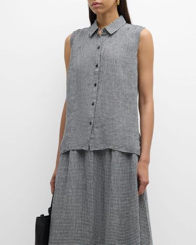 Eileen Fisher Sleeveless Gingham Organic Linen Shirt - Gray