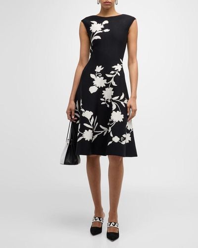 Carolina Herrera Flare Knit Midi Dress With Floral Detail - Black
