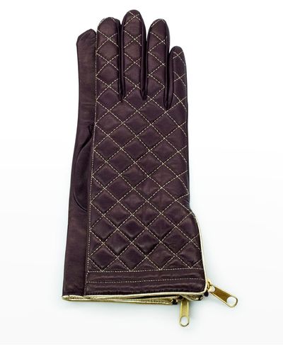 Portolano Diamond Quilted Cashmere-lined Zip Gloves - Purple