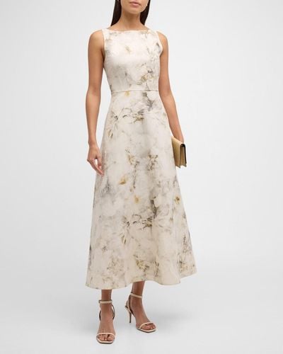 Lafayette 148 New York Sleeveless Leaf-Print Silk-Linen Midi Dress - Natural