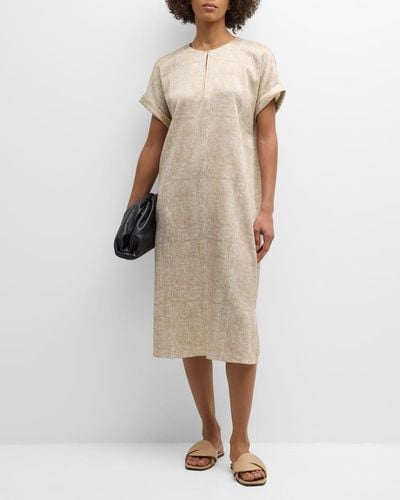 Lafayette 148 New York Crinkled Burlap-Print Silk Midi Shift Dress - Natural