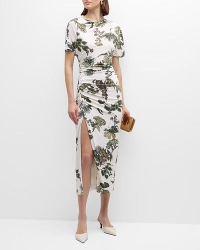 Jason Wu Floral Ruched Jersey Midi Dress With High Slit - White