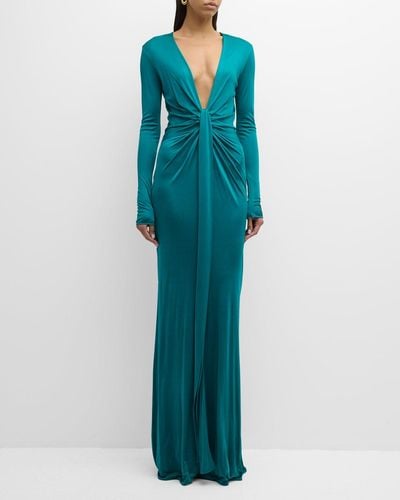 Roberto Cavalli Plunging Draped Long-Sleeve Gown - Blue