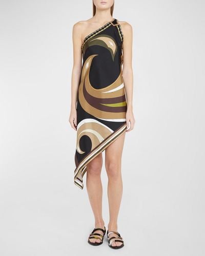 Emilio Pucci Swirl-Print One-Shoulder Buckle High-Low Scarf Dress - Multicolor
