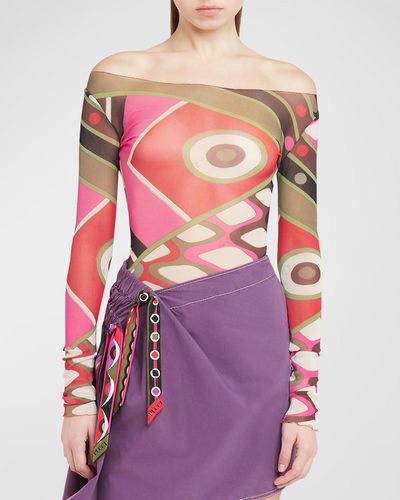 Emilio Pucci Abstract-Print Off-The-Shoulder Long-Sleeve Mesh T-Shirt - Purple
