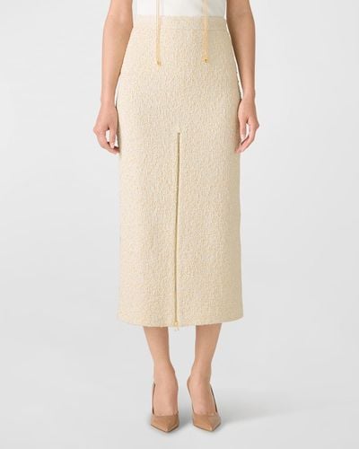 St. John Boucle Tweed Midi Skirt W/ Front Slit Zipper - Natural