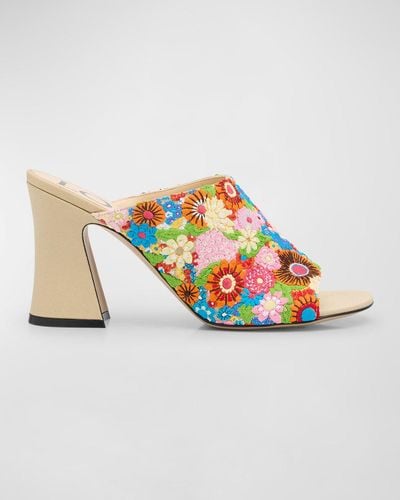 Loewe Calle Floral Embroidered Mule Sandals - White