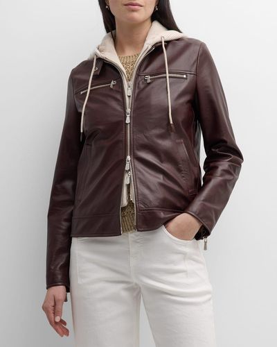 Eleventy Hooded Zip-Front Leather Biker Jacket - Brown