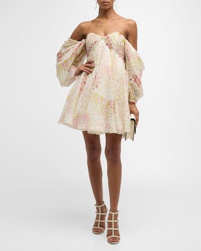Giambattista Valli Floral-Print Sweetheart-Neck Long-Sleeve Empire-Waist Mini Dress - Natural