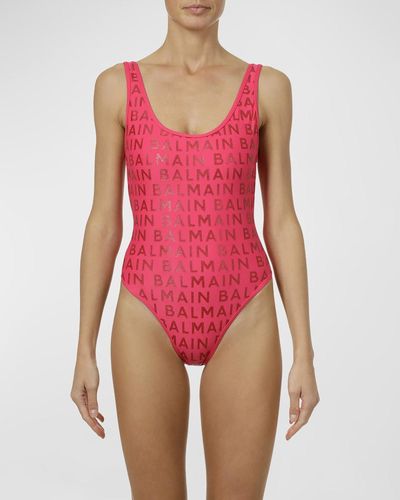 Balmain Logo-Print One-Piece Swimsuit - Red