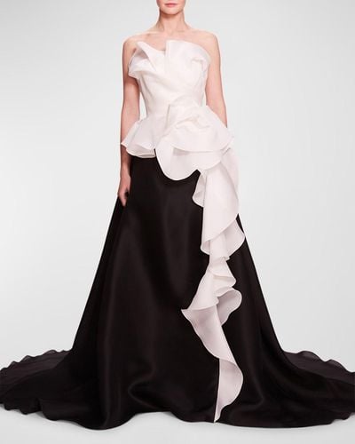 Marchesa Colorblock Cascading Ruffle Strapless Silk Gown - Black