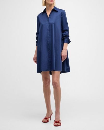 Trina Turk Tulla Pleated Long-Sleeve Mini Shirtdress - Blue