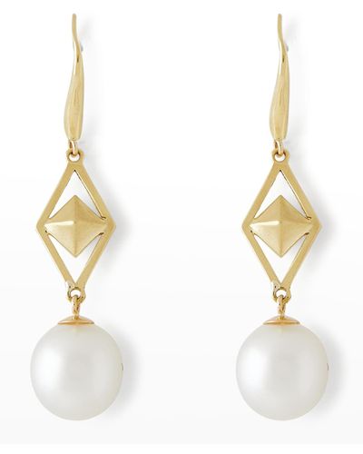 Pearls By Shari 18k Yellow Gold Cube And 10mm South Sea Pearl Hook Earrings - Metallic