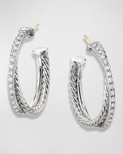 David Yurman Dy Crossover Medium Hoop Earrings W/ Diamonds - Metallic