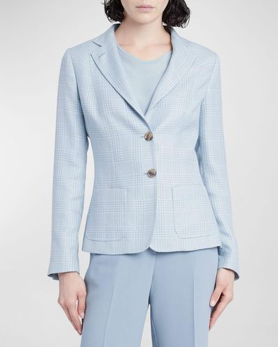 Kiton Check Cashmere Single-Breasted Blazer Jacket - Blue