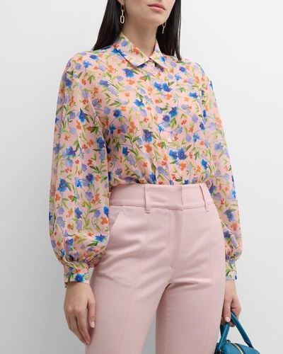 Carolina Herrera Floral-Print Button-Front Top With Balloon Sleeves - Pink