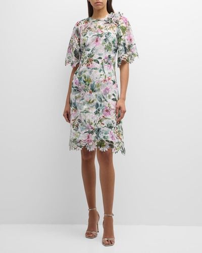 Teri Jon Scalloped Floral-Print Lace Midi Dress - White