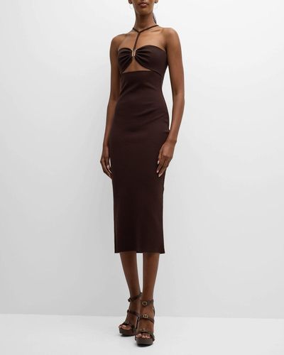 Zeynep Arcay Y-Neck Cutout Knit Midi Dress - Brown