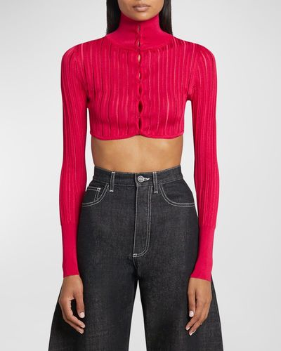 Alaïa Cropped Crino Button-Front Cardigan Top - Red