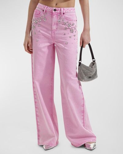 Self-Portrait Embellished Wide-Leg Denim Jeans - Pink