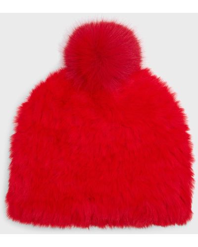 Adrienne Landau Fluffy Beanie With Faux Fur Pom - Red