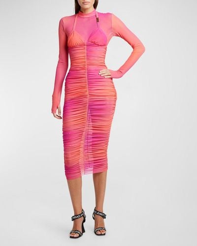 Versace Long-sleeve Ruched Mesh Midi Dress - Pink