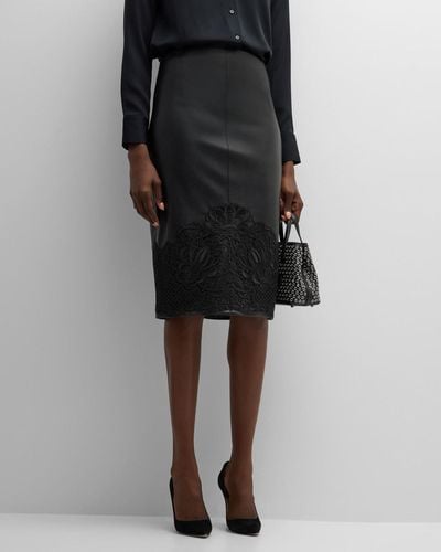 Elie Tahari The Camilla Vegan Leather & Lace Midi Skirt - Black