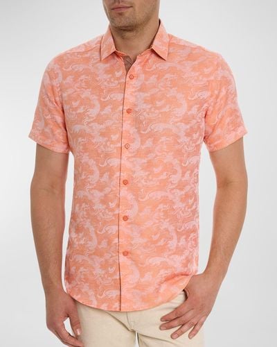 Robert Graham Poseidon Linen-Cotton Short-Sleeve Shirt - Orange