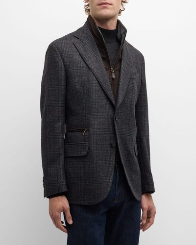 Neiman Marcus Plaid Wool-Cashmere Travel Jacket - Gray